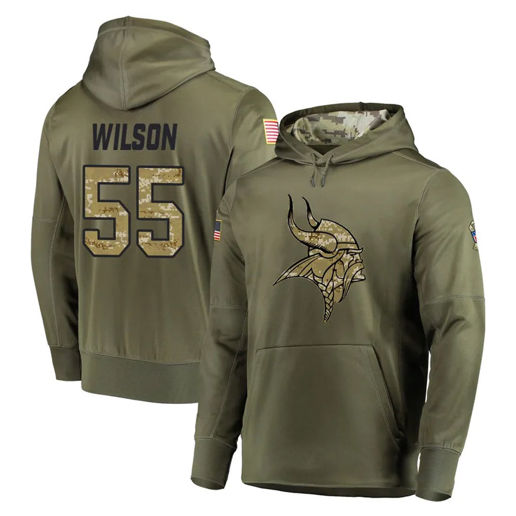 M.Vikings #55 Eric Wilson Player Olive Salute to Service Pullover Hoodies Home Game PETTCS Stitched Jerseys