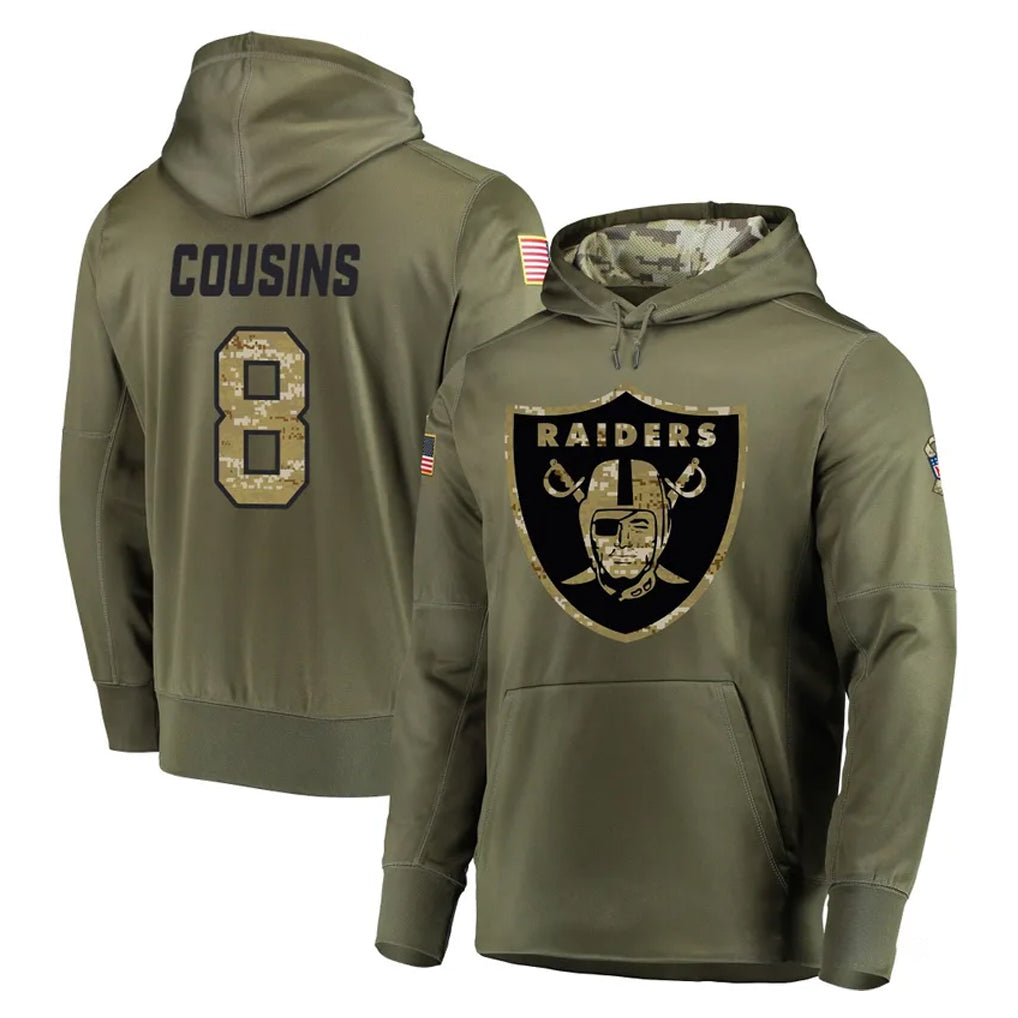 LV.Raiders #8 Kirk Cousins Player Olive Salute to Service Pullover Hoodies Home Game PETTCS Stitched Jerseys