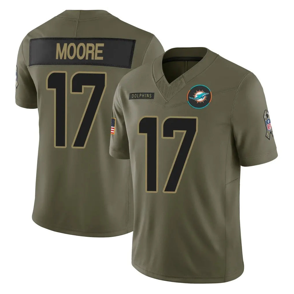 M.Dolphins #17 Trey Moore Player Olive 2025 Salute To Service Limited Game PETTCS Stitched Jerseys