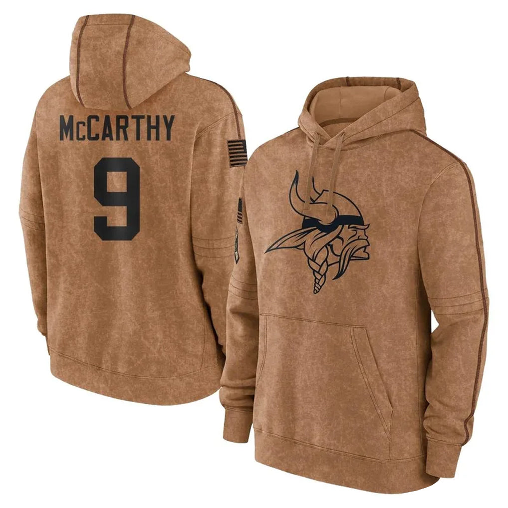 M.Vikings #9 J.J. McCarthy Player Brown Salute to Service Pullover Hoodies Limited Game PETTCS Stitched Jerseys
