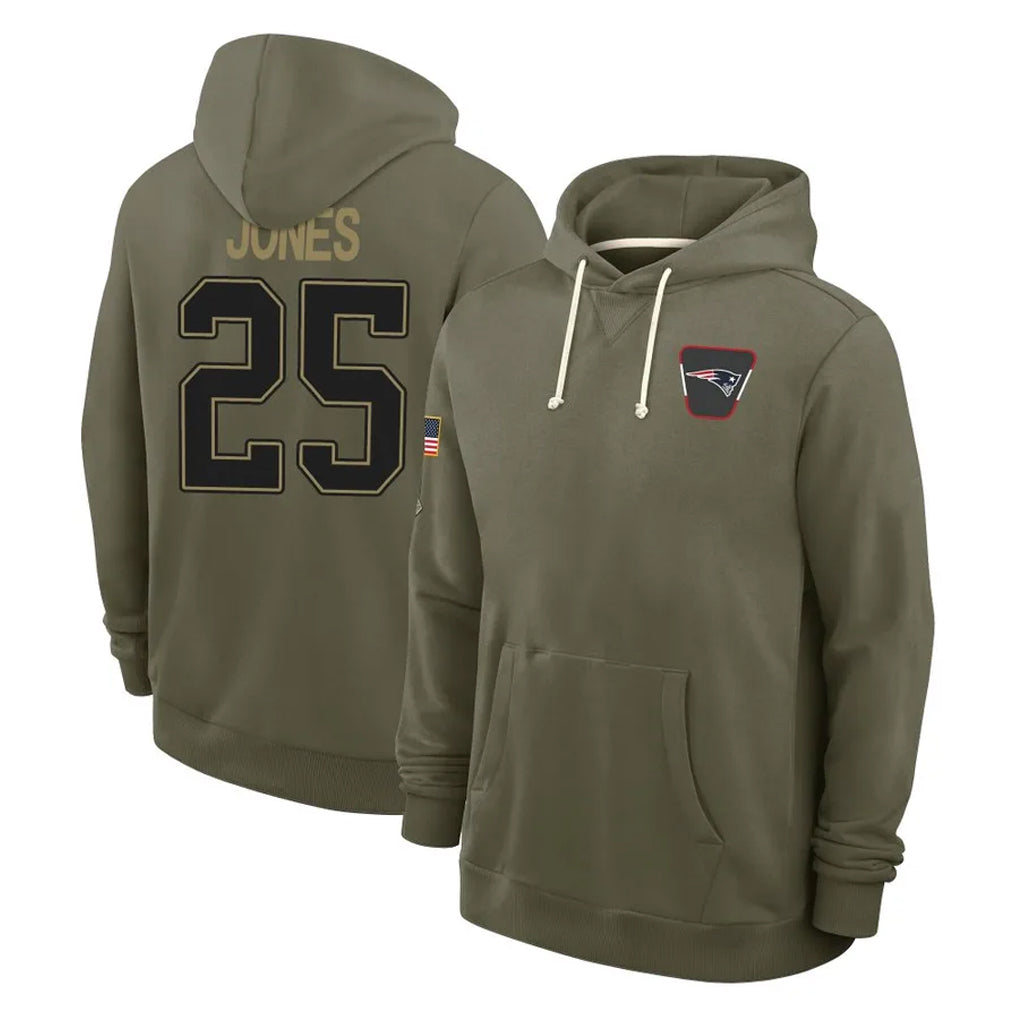 NE.Patriots #25 Marcus Jones Player Olive Salute to Service Pullover Hoodies Limited PETTCS Stitched Jerseys
