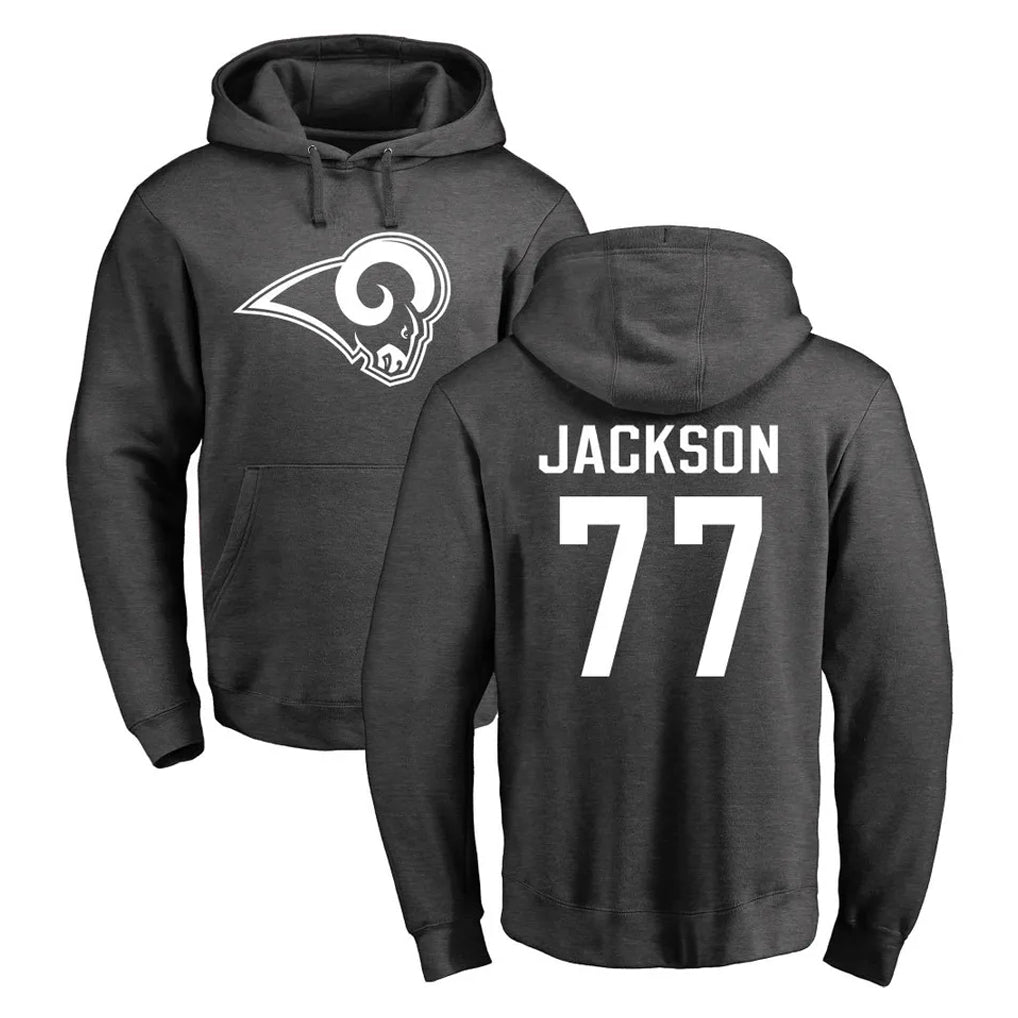 LA.Rams #77 Alaric Jackson Player Gray Pullover Hoodie Limited Game PETTCS Stitched Jerseys