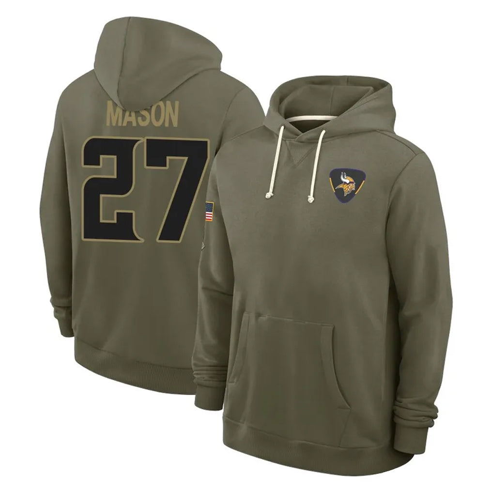 M.Vikings #27 Jordan Mason Player Olive Salute to Service Pullover Hoodies Limited PETTCS Stitched Jerseys