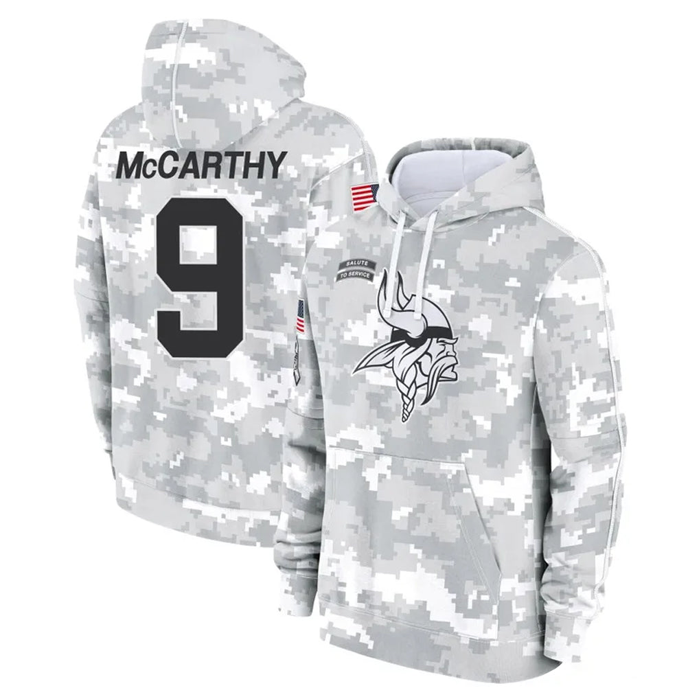 M.Vikings #9 J.J. McCarthy Player Arctic Camo Salute to Service Pullover Hoodies Limited Game PETTCS Stitched Jerseys