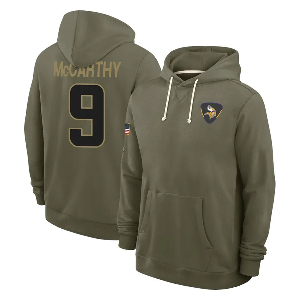 M.Vikings #9 J.J. McCarthy Player Olive Salute to Service Pullover Hoodies Limited PETTCS Stitched Jerseys