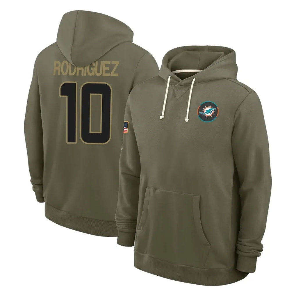 M.Dolphins #10 Jacob Rodriguez Player Olive Salute to Service Pullover Hoodies Limited PETTCS Stitched Jerseys