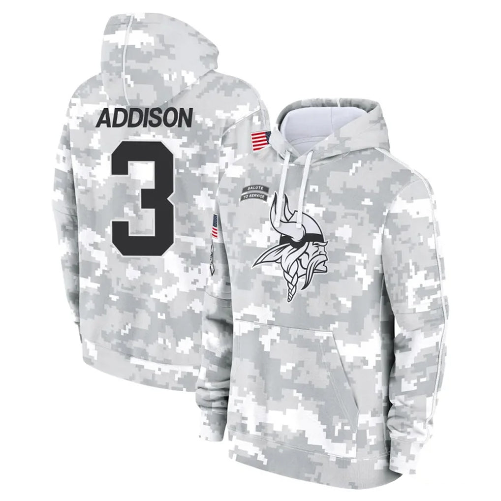 M.Vikings #3 Jordan Addison Player Arctic Camo Salute to Service Pullover Hoodies Limited Game PETTCS Stitched Jerseys