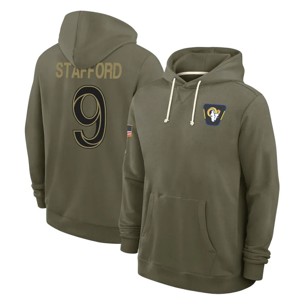 LA.Rams #9 Matthew Stafford Player Olive Salute to Service Pullover Hoodies Limited PETTCS Stitched Jerseys