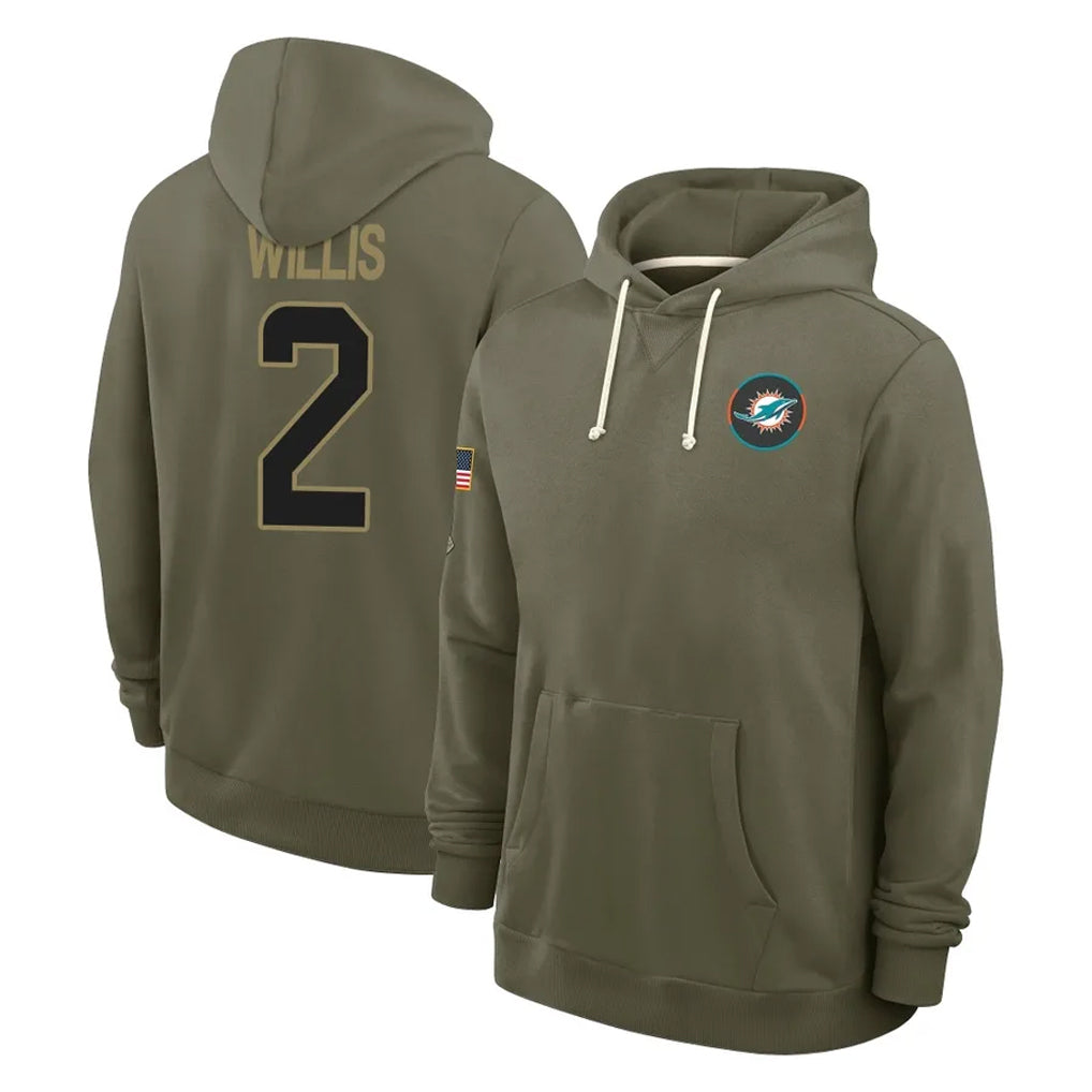 M.Dolphins #2 Malik Willis Player Olive Salute to Service Pullover Hoodies Limited PETTCS Stitched Jerseys