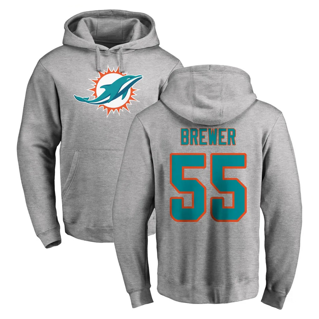 M.Dolphins #55 Aaron Brewer Player Gray LOGO Pullover Hoodies Limited PETTCS Stitched Jerseys