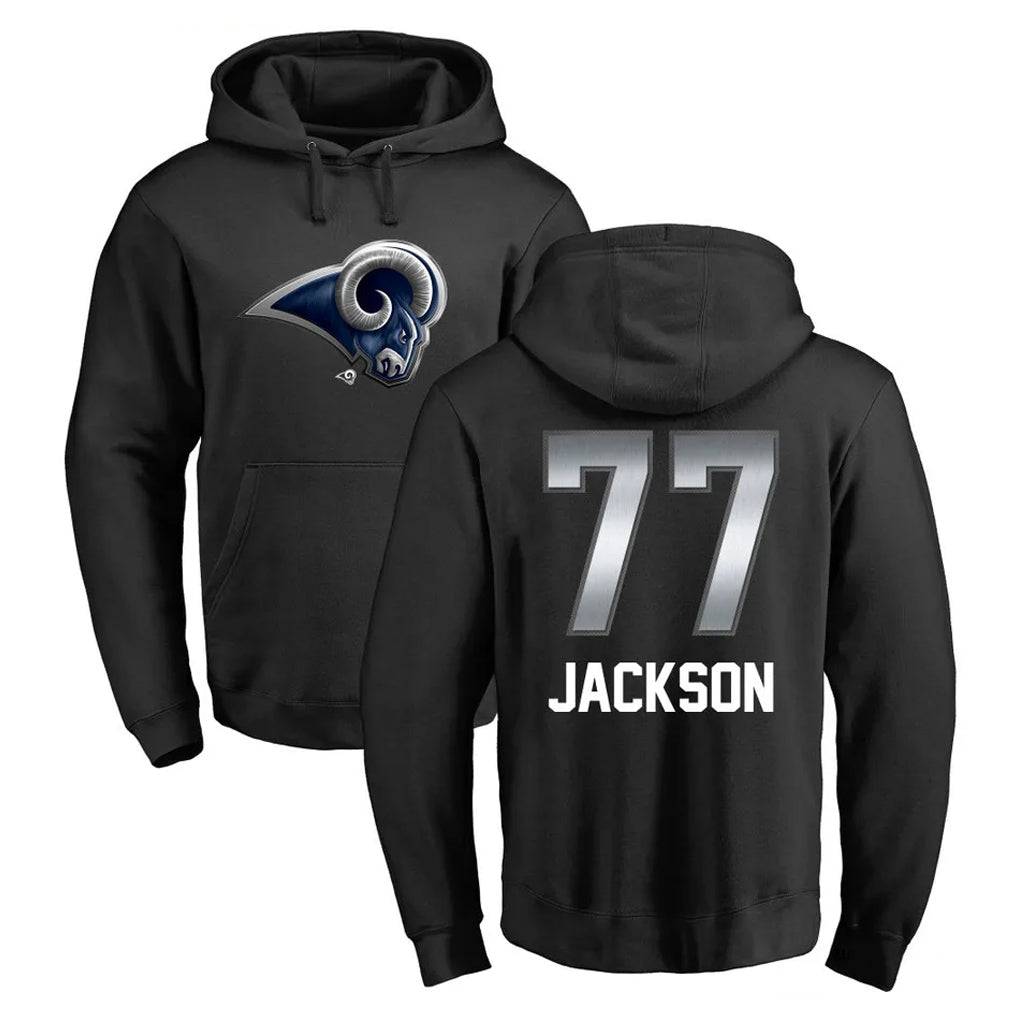 LA.Rams #77 Alaric Jackson Player Black Pullover Hoodie Limited Game PETTCS Stitched Jerseys