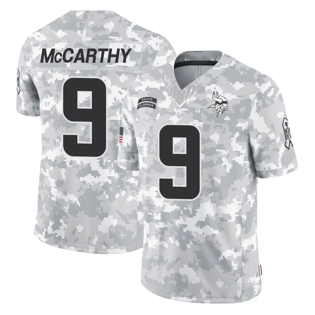 M.Vikings #9 J.J. McCarthy Player Arctic Camo Salute To Service Limited Game PETTCS Stitched Jerseys