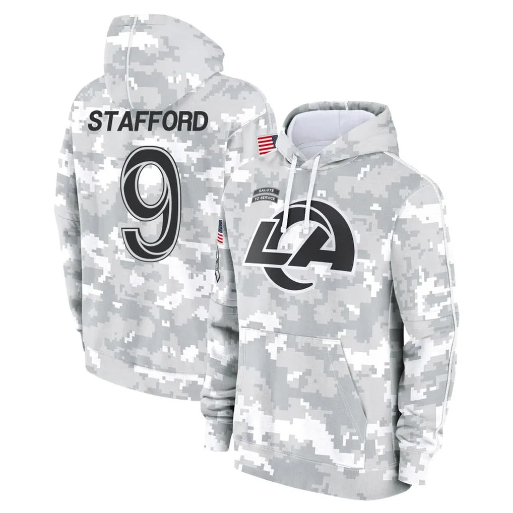 LA.Rams #9 Matthew Stafford Player Arctic Camo Salute to Service Hoodies Limited Game PETTCS Stitched Jerseys
