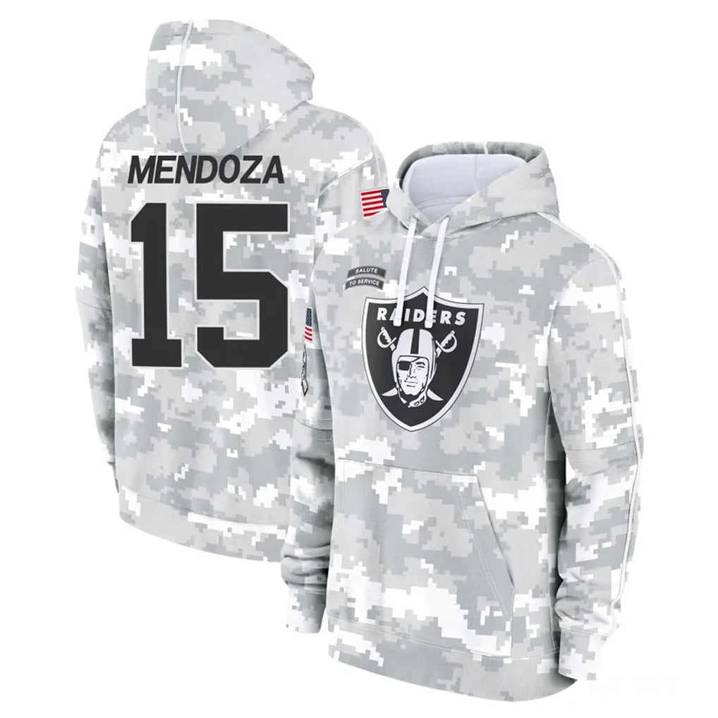 LV.Raiders #15 Fernando Mendoza Player Arctic Camo Salute to Service Hoodies Limited Game PETTCS Stitched Jerseys