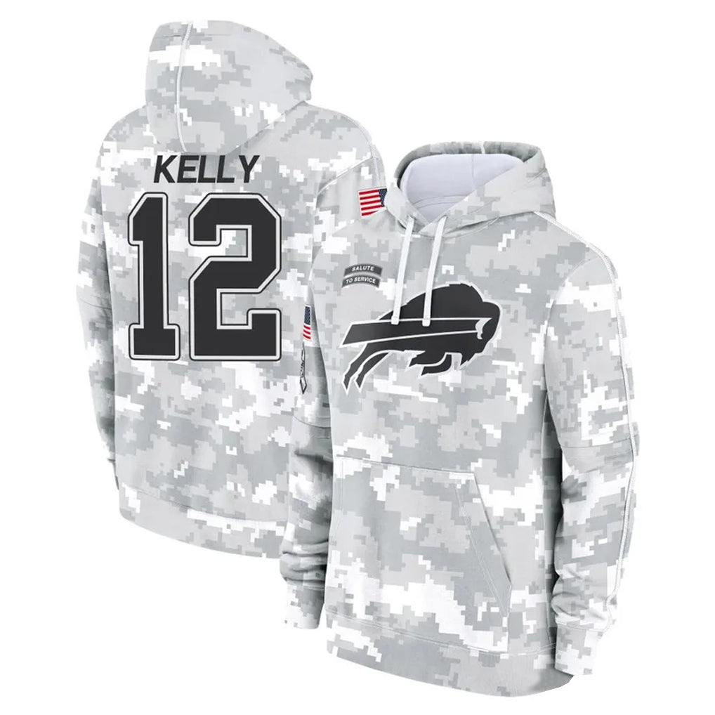 PETTCS B.Bills #12 Jim Kelly Player Arctic Camo Salute to Service Hoodies Limited Stitched Jerseys
