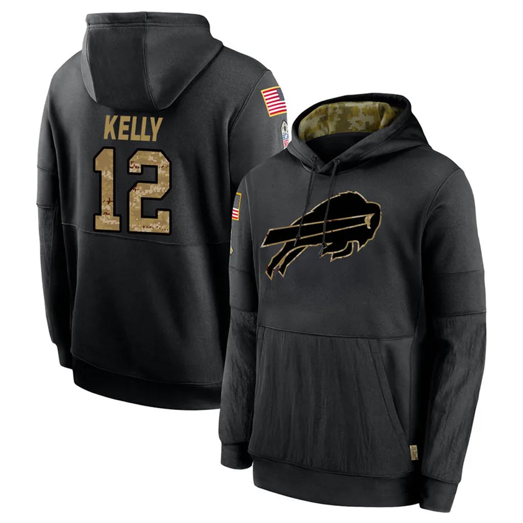 PETTCS B.Bills #12 Jim Kelly Player Black Salute to Service Hoodies Hame Stitched Jerseys