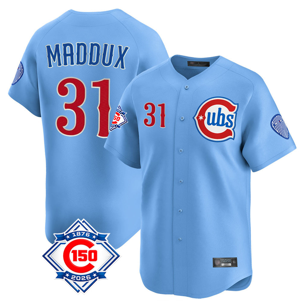 PETTCS C.Cubs #31 Greg Maddux Player Light Blue 150th Anniversary Limited Home Stitched Jerseys