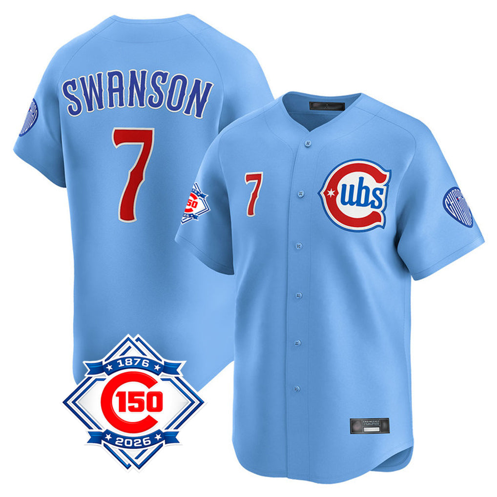 PETTCS C.Cubs #7 Dansby Swanson Player Light Blue 150th Anniversary Limited Home Stitched Jerseys
