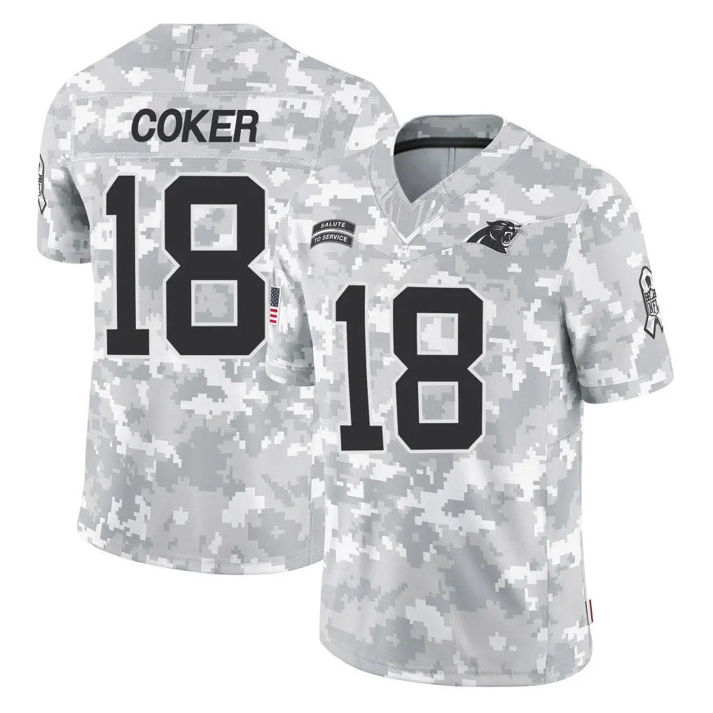 PETTCS C.Panthers #18 Jalen Coker Player Arctic Camo Salute to Service Limited Game Stitched Jerseys