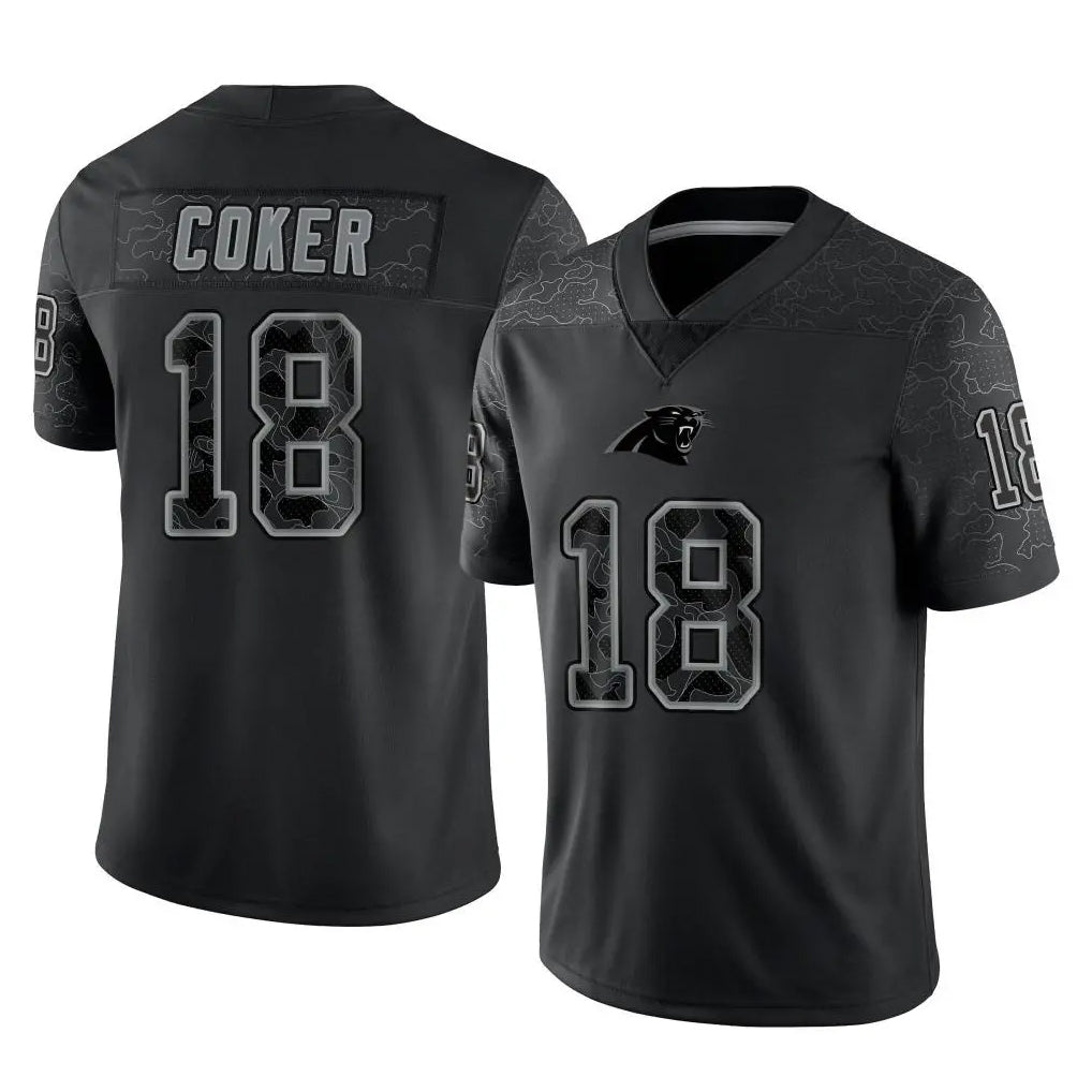 PETTCS C.Panthers #18 Jalen Coker Player Black Limited Reflective Game Stitched Jerseys