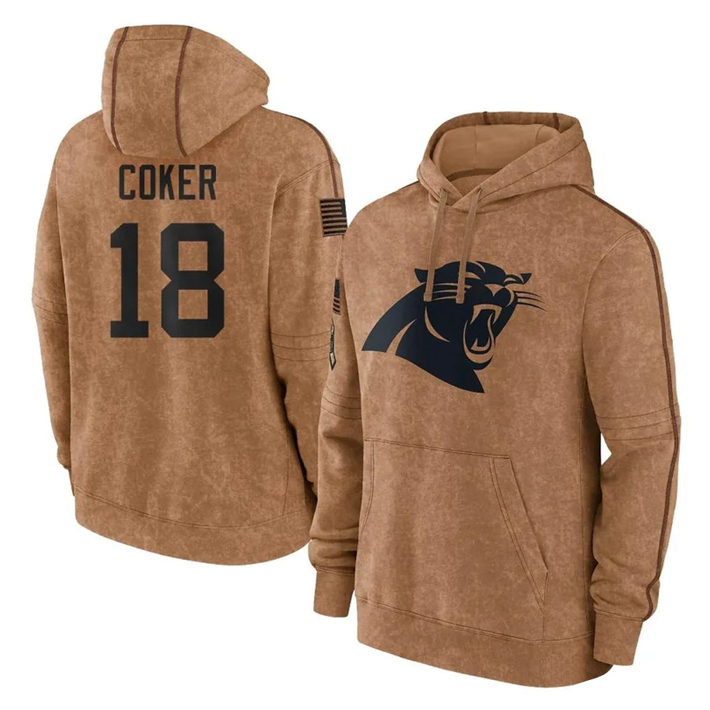 PETTCS C.Panthers #18 Jalen Coker Player Brown Salute to Service Hoodies Limited Stitched Jerseys
