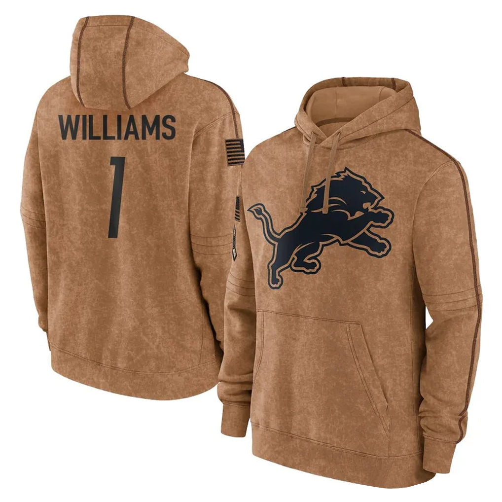 PETTCS D.Lions #1 Jameson Williams Player Brown Salute to Service Hoodies Limited Game Stitched Jerseys