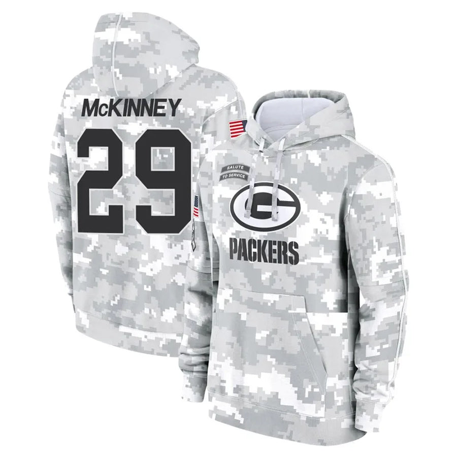 PETTCS GB.Packers #29 Xavier McKinney Player Camo Salute To Service Hoodies Game  Stitched Jerseys