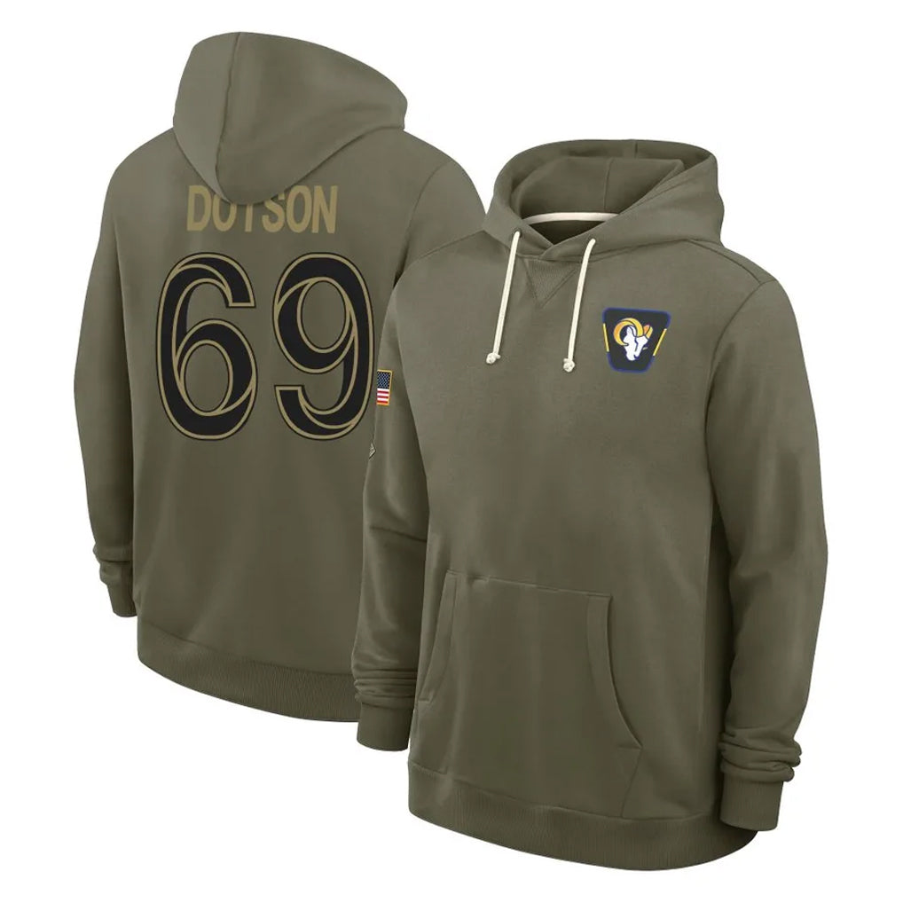 PETTCS LA.Rams #69 Kevin Dotson Player Olive Salute to Service Pullover Hoodies Limited Stitched Jerseys