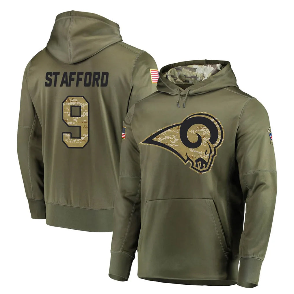 PETTCS LA.Rams #9 Matthew Stafford Player Olive Salute to Service Pullover Hoodies Home Game Stitched Jerseys
