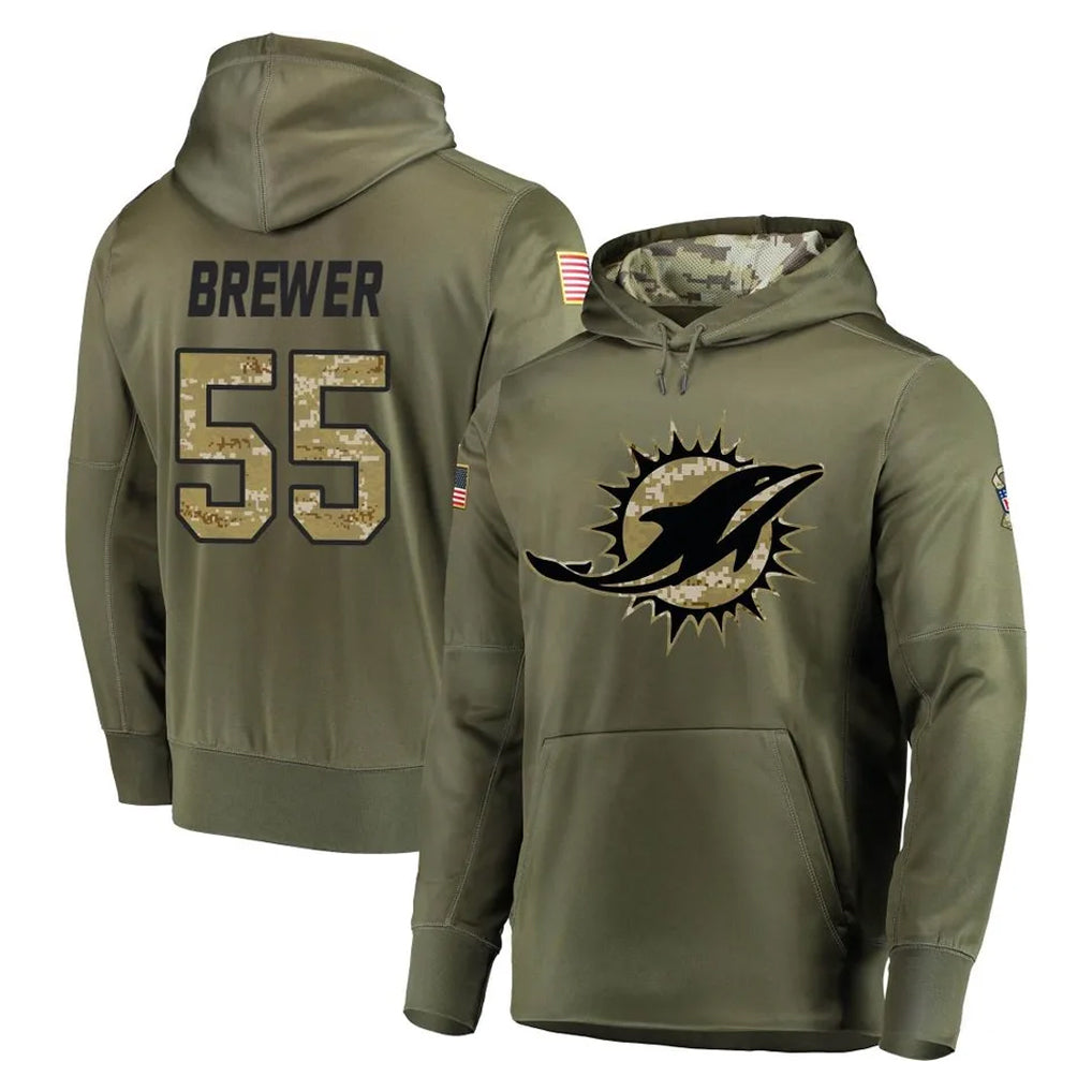 PETTCS M.Dolphins #55 Aaron Brewer Player Olive Salute to Service Pullover Hoodies Home Game Stitched Jerseys
