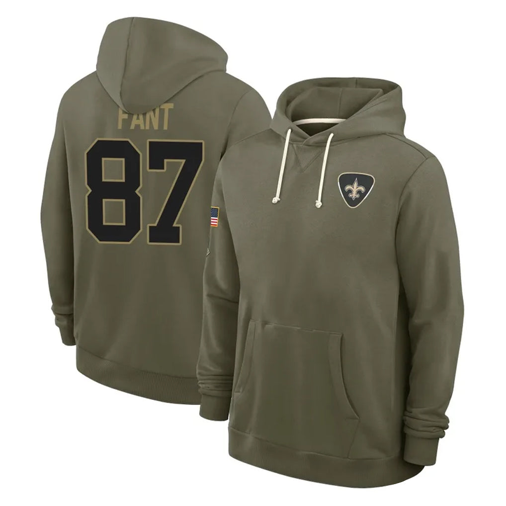PETTCS NO.Saints #87 Noah Fant Player Olive Salute to Service Pullover Hoodies Limited Stitched Jerseys