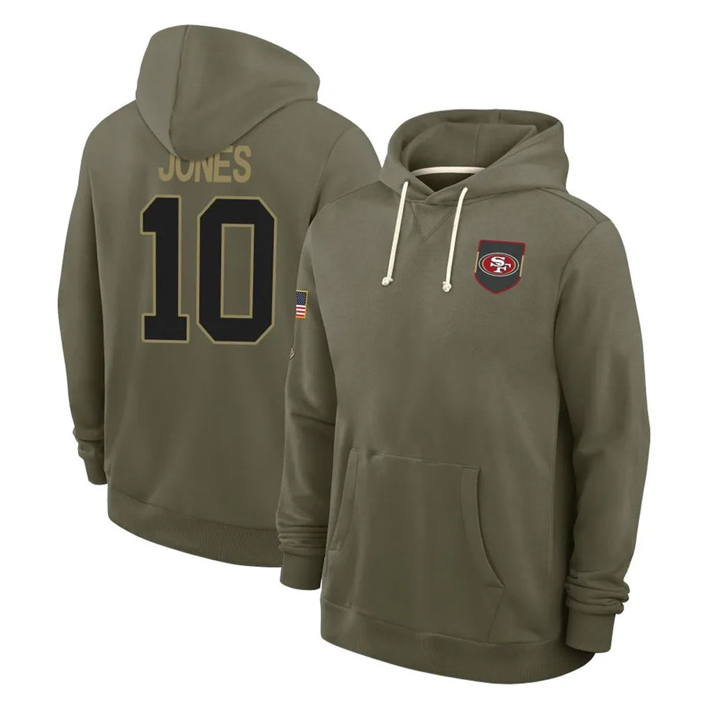PETTCS SF.49ers #10 Mac Jones Player Olive Salute to Service Pullover Hoodies Limited Stitched Jerseys