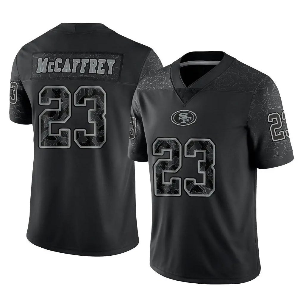 PETTCS SF.49ers #23 Christian McCaffrey Player Black Limited Reflective Home Game Stitched Jerseys