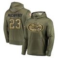 PETTCS SF.49ers #23 Christian McCaffrey Player Olive Salute to Service Pullover Hoodie Home Game Stitched Jerseys