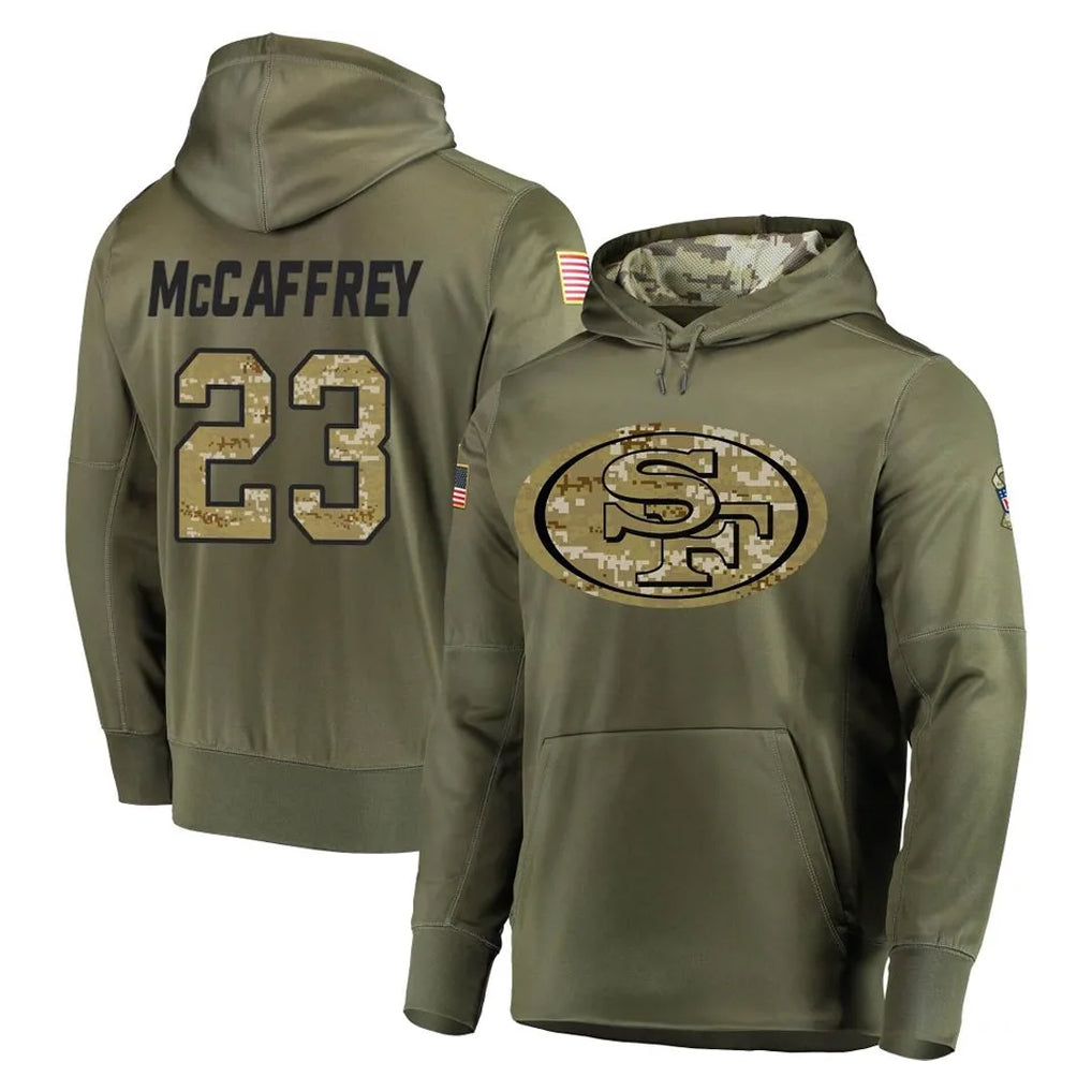 PETTCS SF.49ers #23 Christian McCaffrey Player Olive Salute to Service Pullover Hoodie Home Game Stitched Jerseys