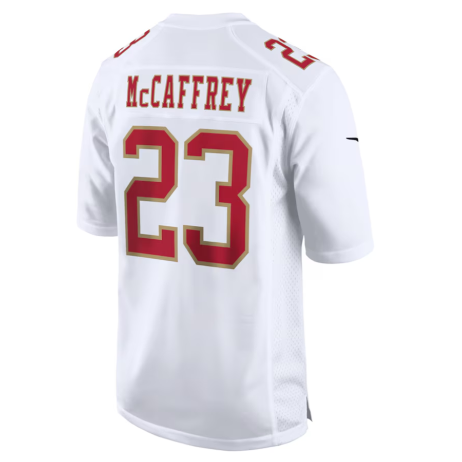 PETTCS SF.49ers #23 Christian McCaffrey Player Tundra White Fashion Game Stitched Jersey