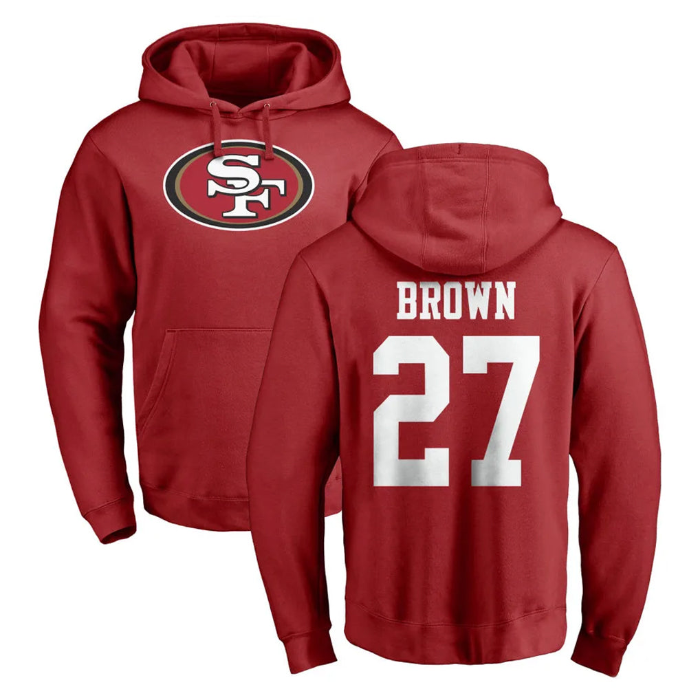 PETTCS SF.49ers #27 Ji'Ayir Brown Player Red LOGO Pullover Hoodies Home Game Stitched Jerseys