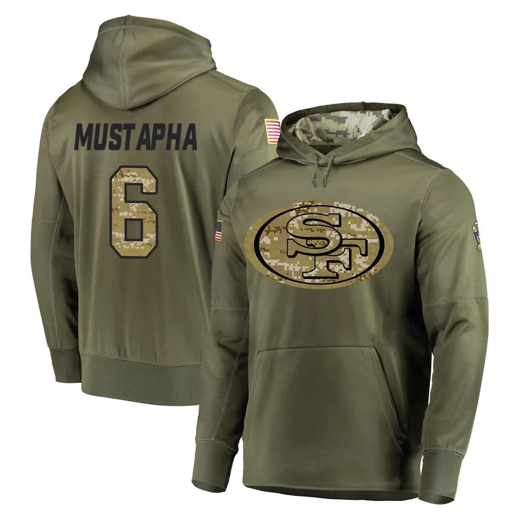 PETTCS SF.49ers #6 Malik Mustapha Player Olive Salute to Service Pullover Hoodie Home Game Stitched Jerseys