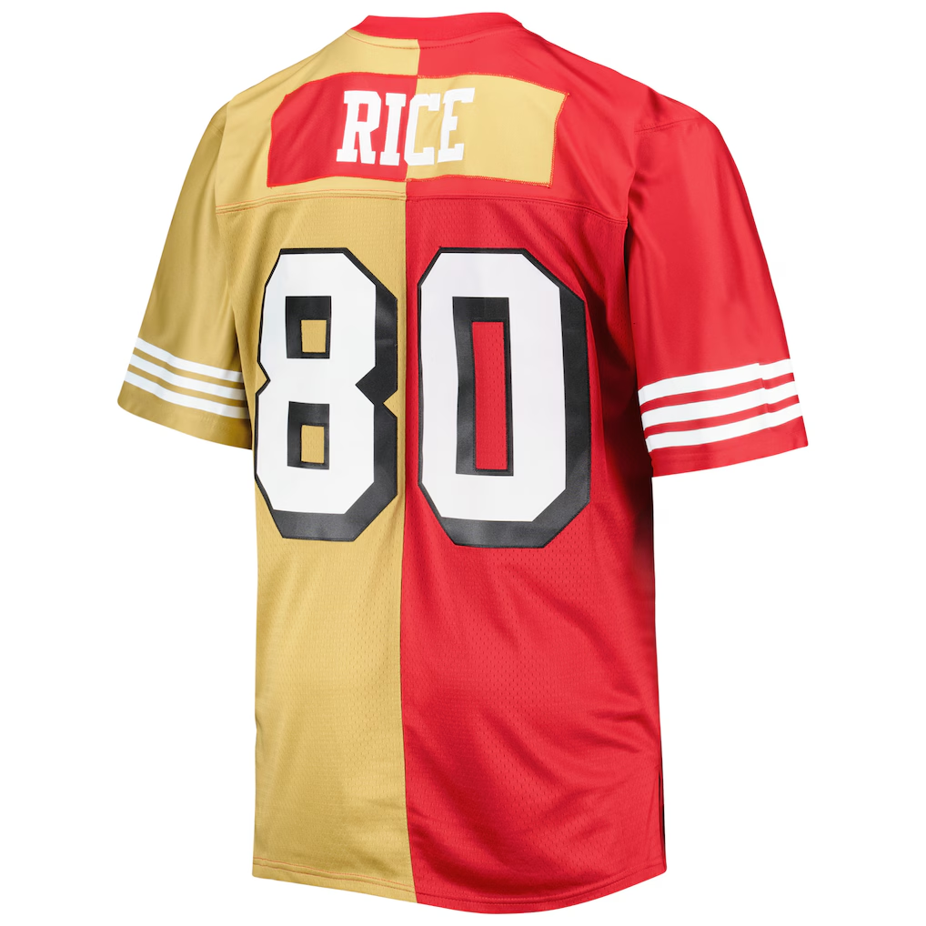 PETTCS SF.49ers #80 Jerry Rice Mitchell & Ness ScarletGold Big & Tall Split Legacy Retired Player Replica Jersey