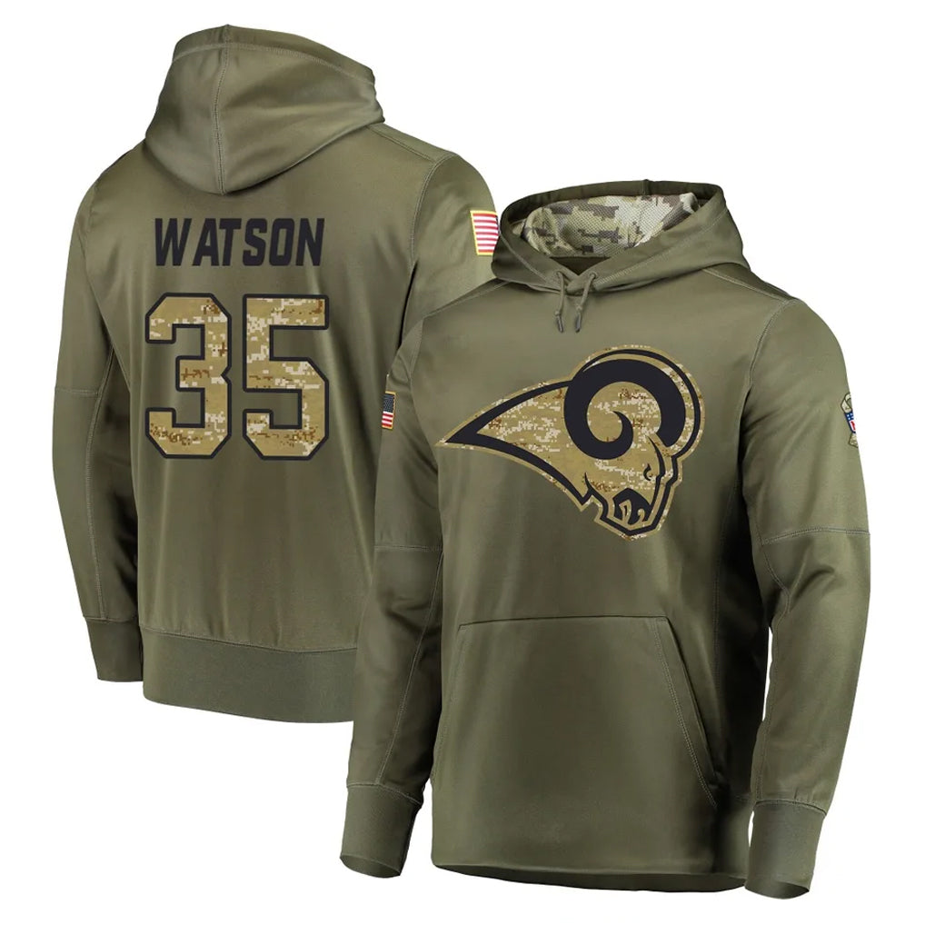 LA.Rams #35 Jaylen Watson Player Olive Salute to Service Pullover Hoodies Home Game PETTCS Stitched Jerseys