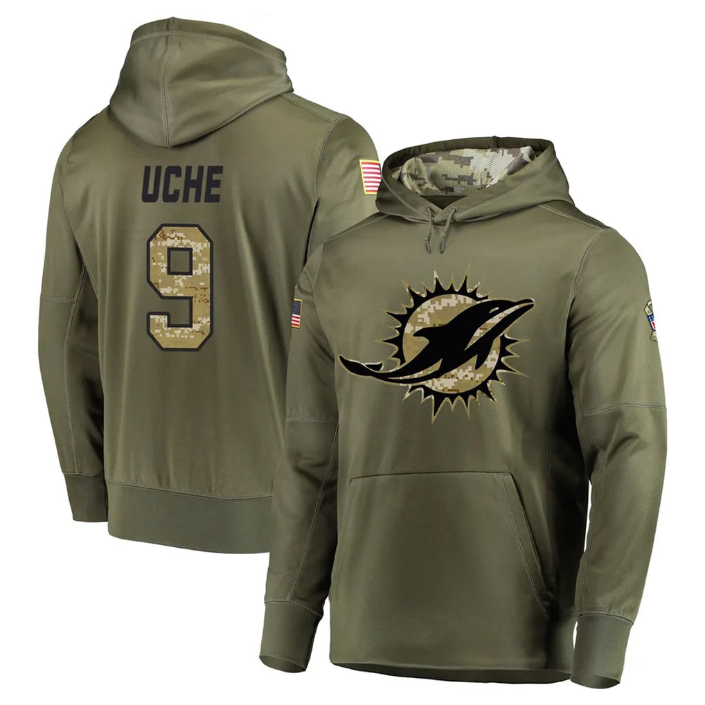 M.Dolphins #9 Joshua Uche Player Olive Salute to Service Pullover Hoodies Home Game PETTCS Stitched Jerseys