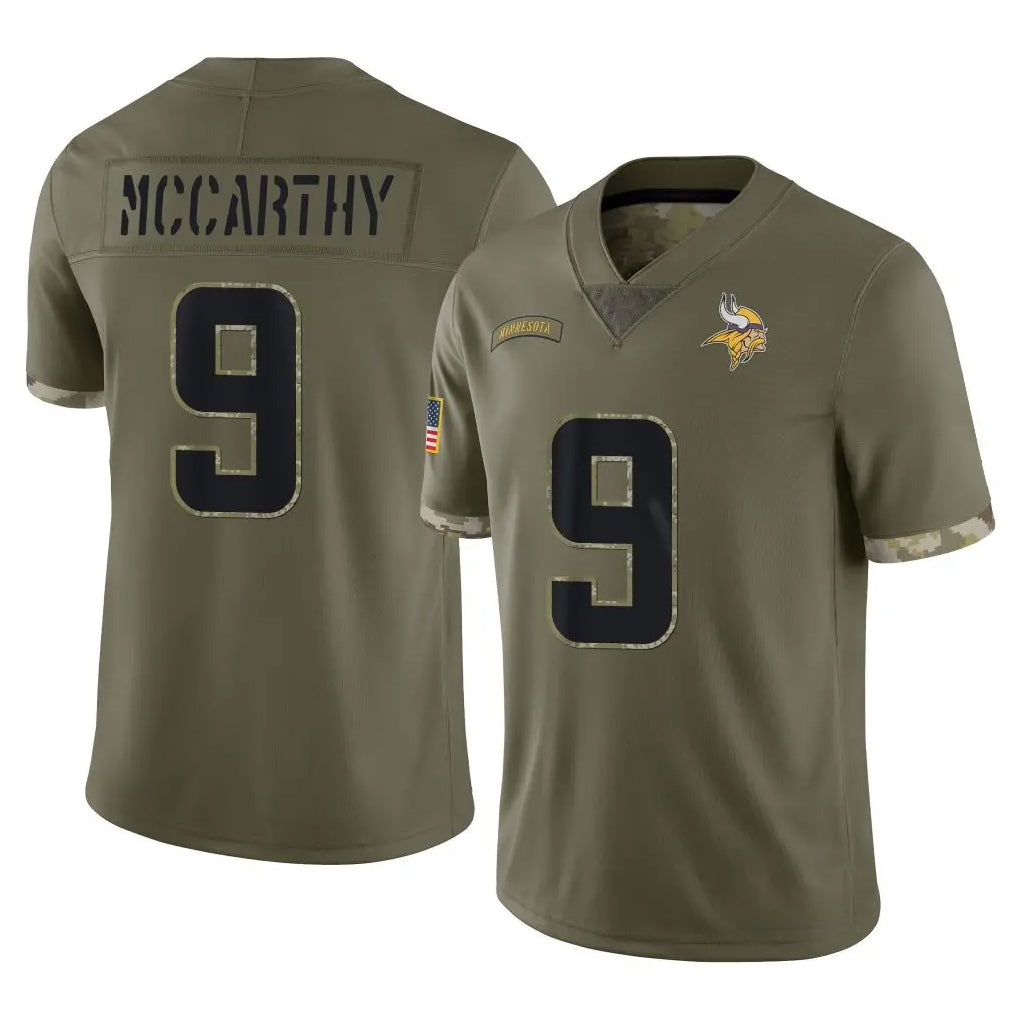 M.Vikings #9 J.J. McCarthy Player Olive Salute To Service Limited PETTCS Stitched Jerseys