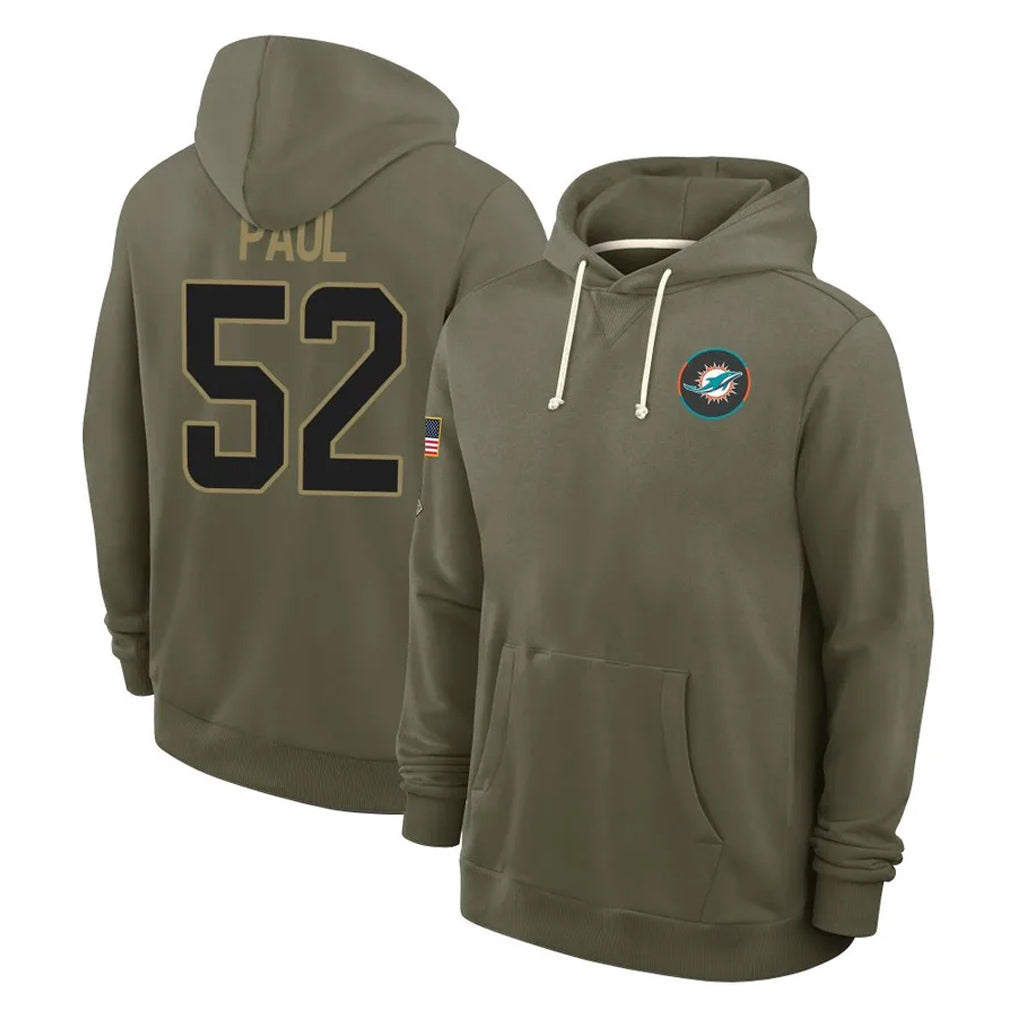 M.Dolphins #52 Patrick Paul Player Olive Salute to Service Pullover Hoodies Limited PETTCS Stitched Jerseys