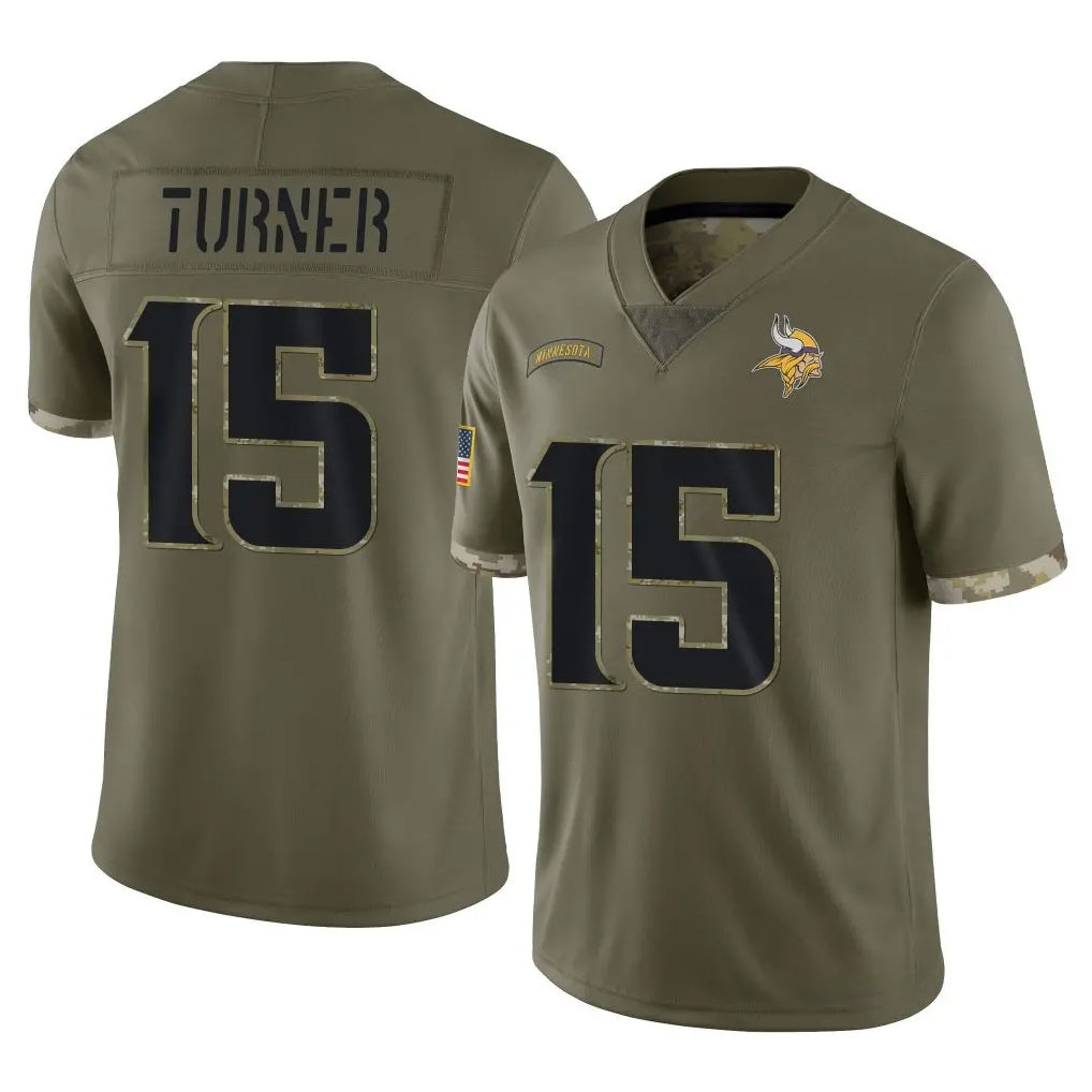M.Vikings #15 Dallas Turner Player Olive Salute To Service Limited PETTCS Stitched Jerseys