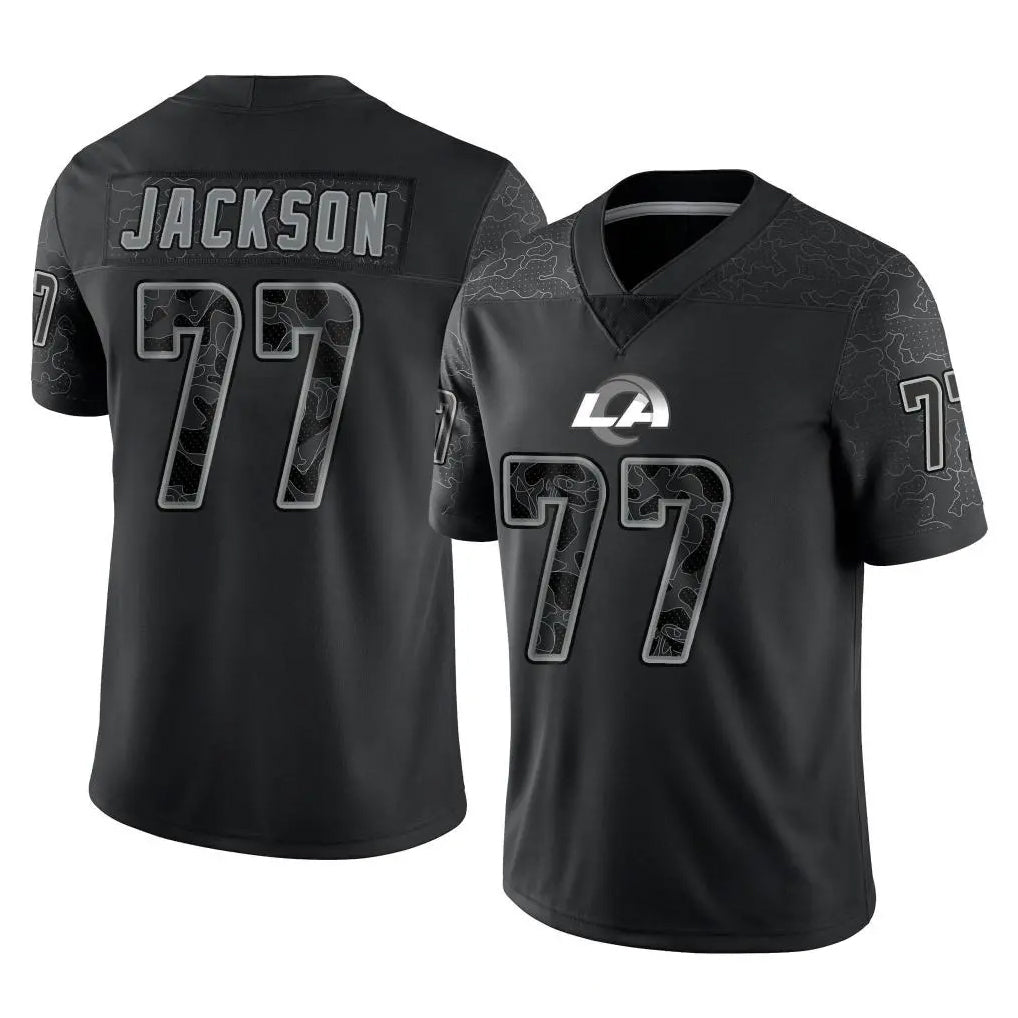 LA.Rams #77 Alaric Jackson Player Black Limited Reflective Home Game PETTCS Stitched Jerseys