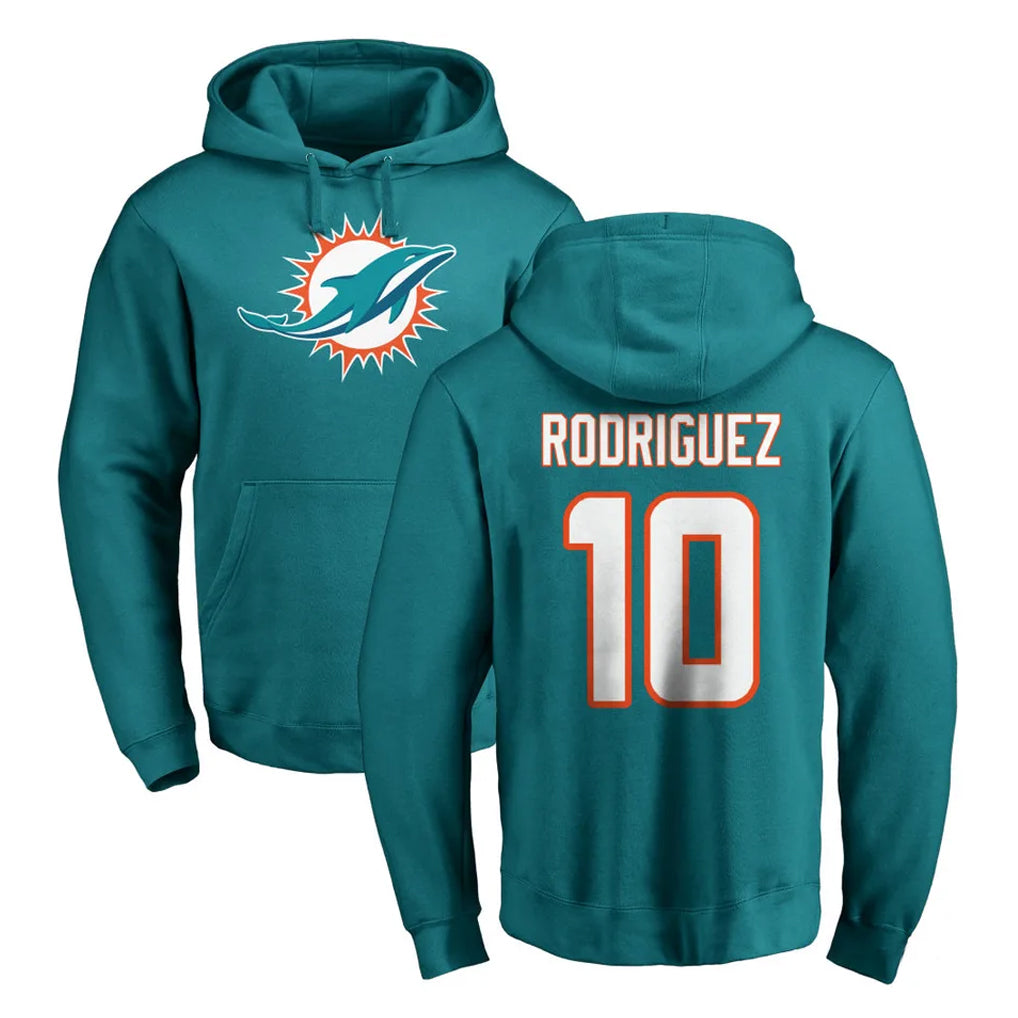M.Dolphins #10 Jacob Rodriguez Player Aqua LOGO Pullover Hoodies Limited PETTCS Stitched Jerseys