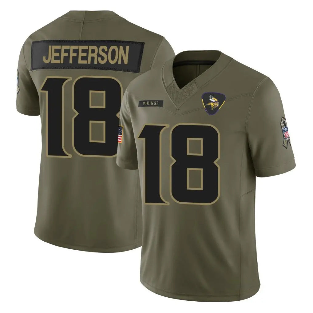 M.Vikings #18 Justin Jefferson Player Olive 2025 Salute To Service Limited Game PETTCS Stitched Jerseys