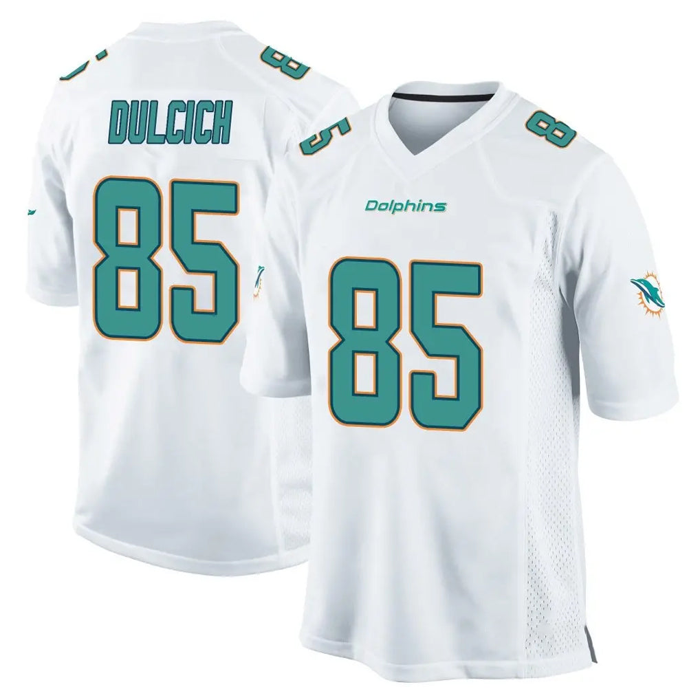 M.Dolphins #85 Greg Dulcich Player White Home Game PETTCS Stitched Jerseys